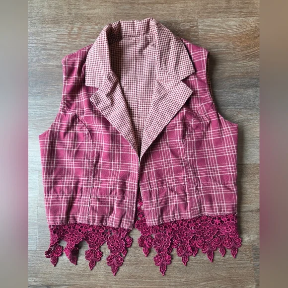 Vintage Hand Made Reversible Maroon Plaid Western Vest with Lace Fringe, size S - Picture 1 of 7